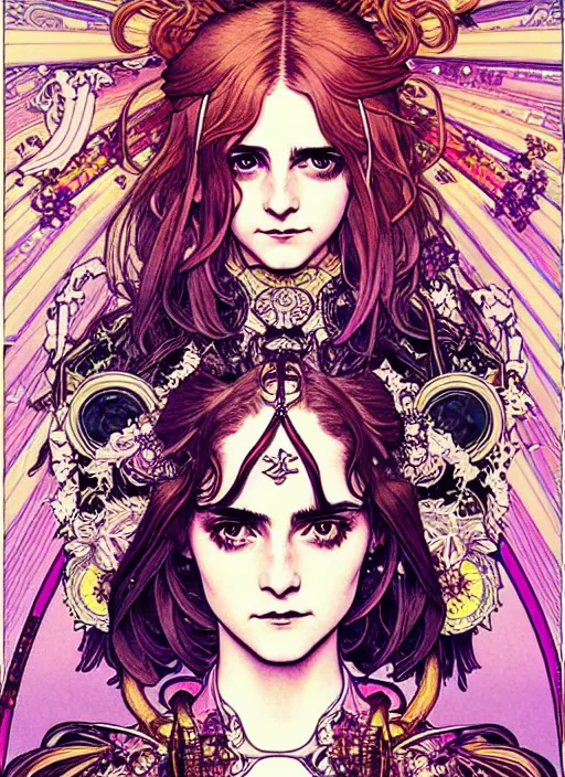 Image similar to highly detailed terada katsuya artstation ayami kojima manga poster of princess emma watson mechine, rainbow gradient reflection, long hair, armor, dress, laces, ruffles, 8 k, maximalist,, jump comics, tomer hanuka, alphonse mucha