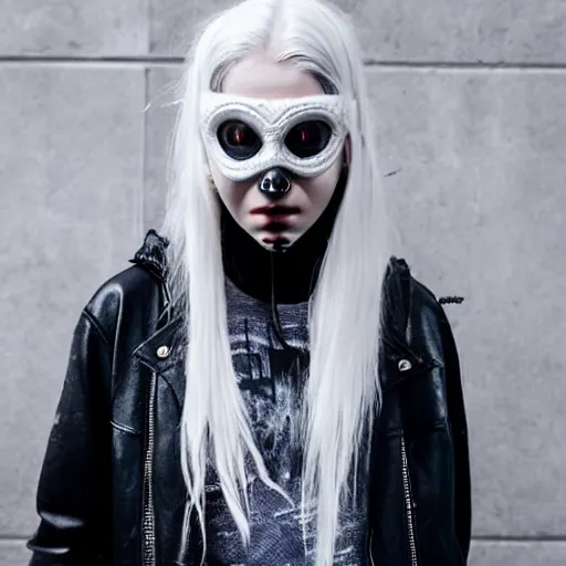 Prompt: very cool girl, white hair girl with mask, streetwear, techwear, cyberpunk style outfit, full body nose piercing, detailed portrait, intricate composition