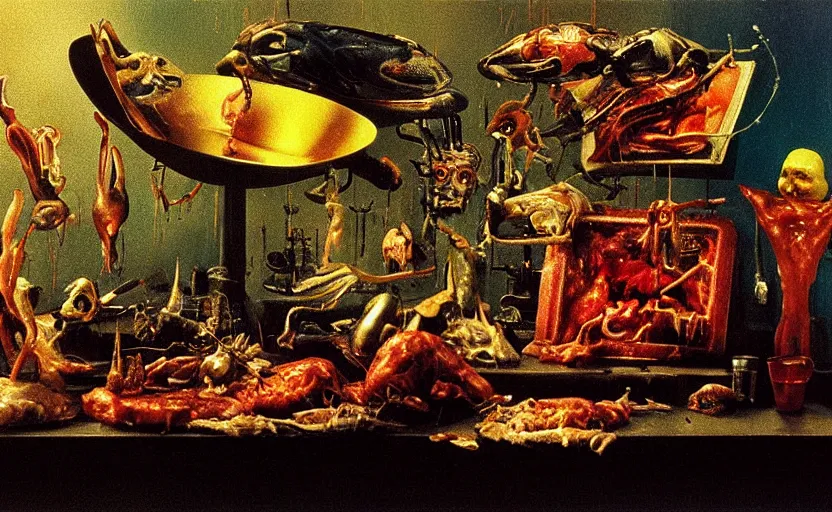 Prompt: blade runner, disturbing colorful oil painting dutch golden age vanitas still life sparse composition with bizarre objects strange gooey transparent surfaces shiny metal reflections bizarre mutant meat insects rachel ruysch dali todd schorr very detailed perfect composition rule of thirds masterpiece canon 5 0 mm, cinematic lighting, photography, retro, film, kodachrome