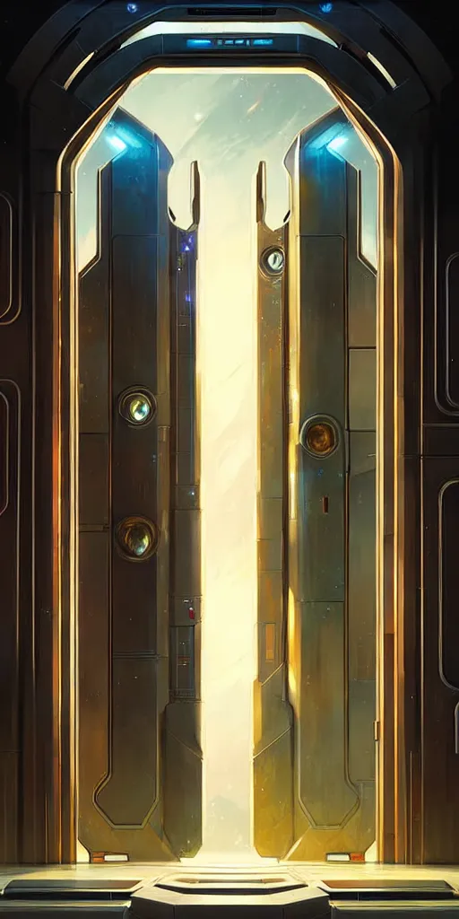 Image similar to hyper realistic art - deco sci - fi double door by jordan grimmer, darek zabrocki