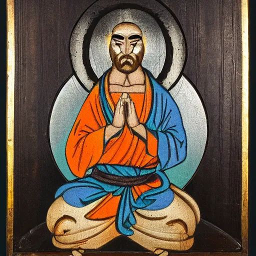 Prompt: a religious icon of kung fu panda with a halo, coal on wood, russia, 1 6 0 0
