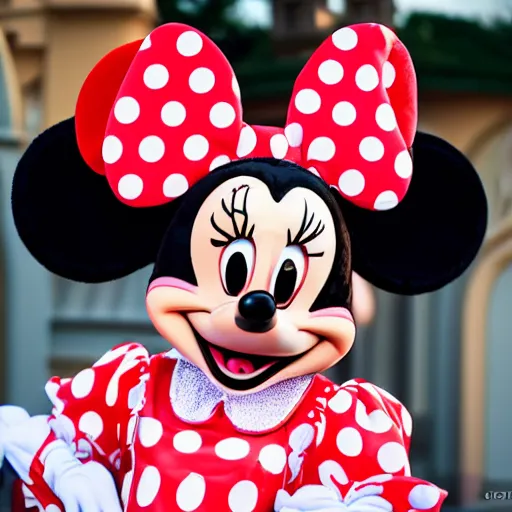 Image similar to transgender minnie mouse costumed character at disneyland, highly detailed, very high resolution, ultra realistic