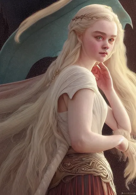 Image similar to daenerys elle fanning, intricate, elegant, highly detailed, digital painting, artstation, concept art, smooth, sharp focus, illustration, art by artgerm and greg rutkowski and alphonse mucha and william - adolphe bouguereau