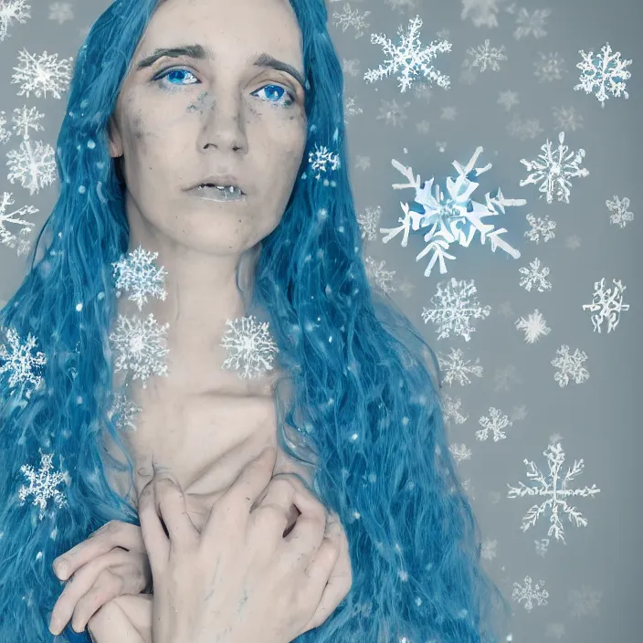 Image similar to a woman wearing a highneck dress made out of snowflakes. she is sickly looking and dying of hypothermia. very pale and blue lips. pale blue hair. full body digital portrait by maromi sagi