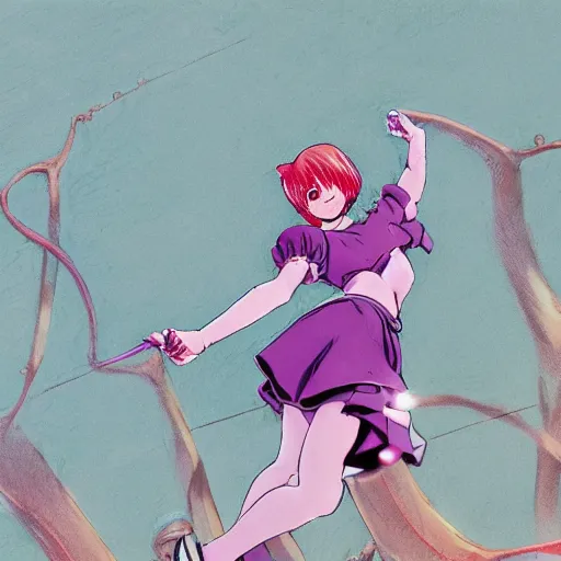 Prompt: anime girl wearing purple dress, red shoes, red hair tie, white tights, extremely detailed, sharp focus, isekai farm. smooth digital illustration darwyn cooke, bernie wrightson, guido crepax, will eisner, alex toth, bill ward, bob clampett, matte painting concept art