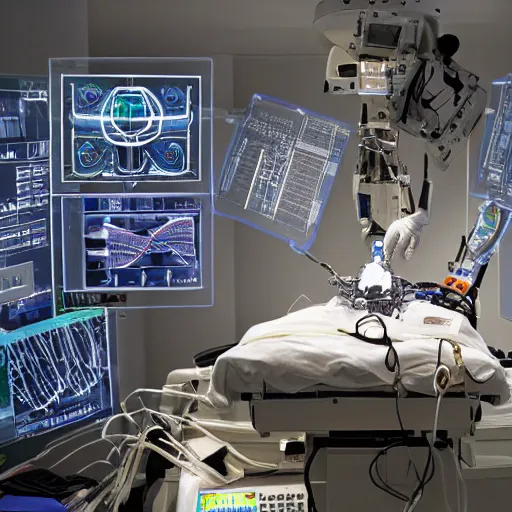 Prompt: long shot portrait of a human flat on back during robotic surgery, artificially embellished with computer circuitry, wires, and devices, small displays with vital readings and graphs crowd the operating room, semi - opaque skin, piercing glare in the eyes, confused, dark bokeh in background, light from top right, diverse textures