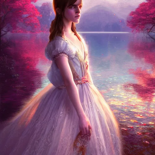 Image similar to emma watson as a beautiful young girl in intricate clothing by ross tran, walking in a castle, lake painted by sana takeda, rtx reflections, very high intricate details, painting, digital anime art, medium shot, mid - shot, composition by ilya kuvshinov, lighting by greg rutkowski