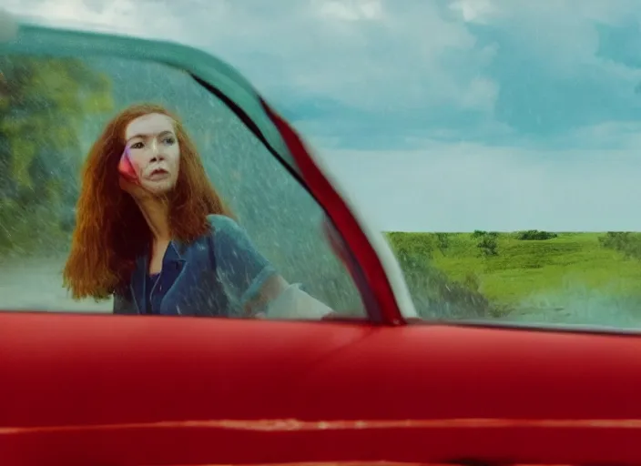 Image similar to A very high resolution image from a new movie, landscape from a car window , teen red hair woman, raining, hot, directed by wes anderson