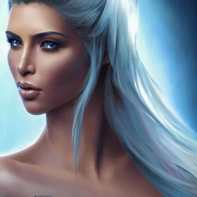 Image similar to Portrait of a mystical kim kardashian. Bright blue eyes, blonde hair, porcelain skin, full lips, oily chest, Fantasy art by artgerm and greg rutkowski and alphonse mucha, intricate, elegant, highly detailed, dramatic lighting, digital painting, concept art, illustration, award winning on artstation, D&D, AD&D.