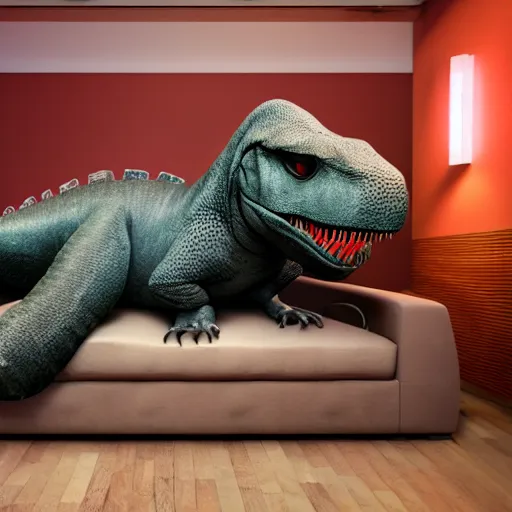 Prompt: photorealistic image of a t - rex laying on a couch and listening to music, shot in a professional studio