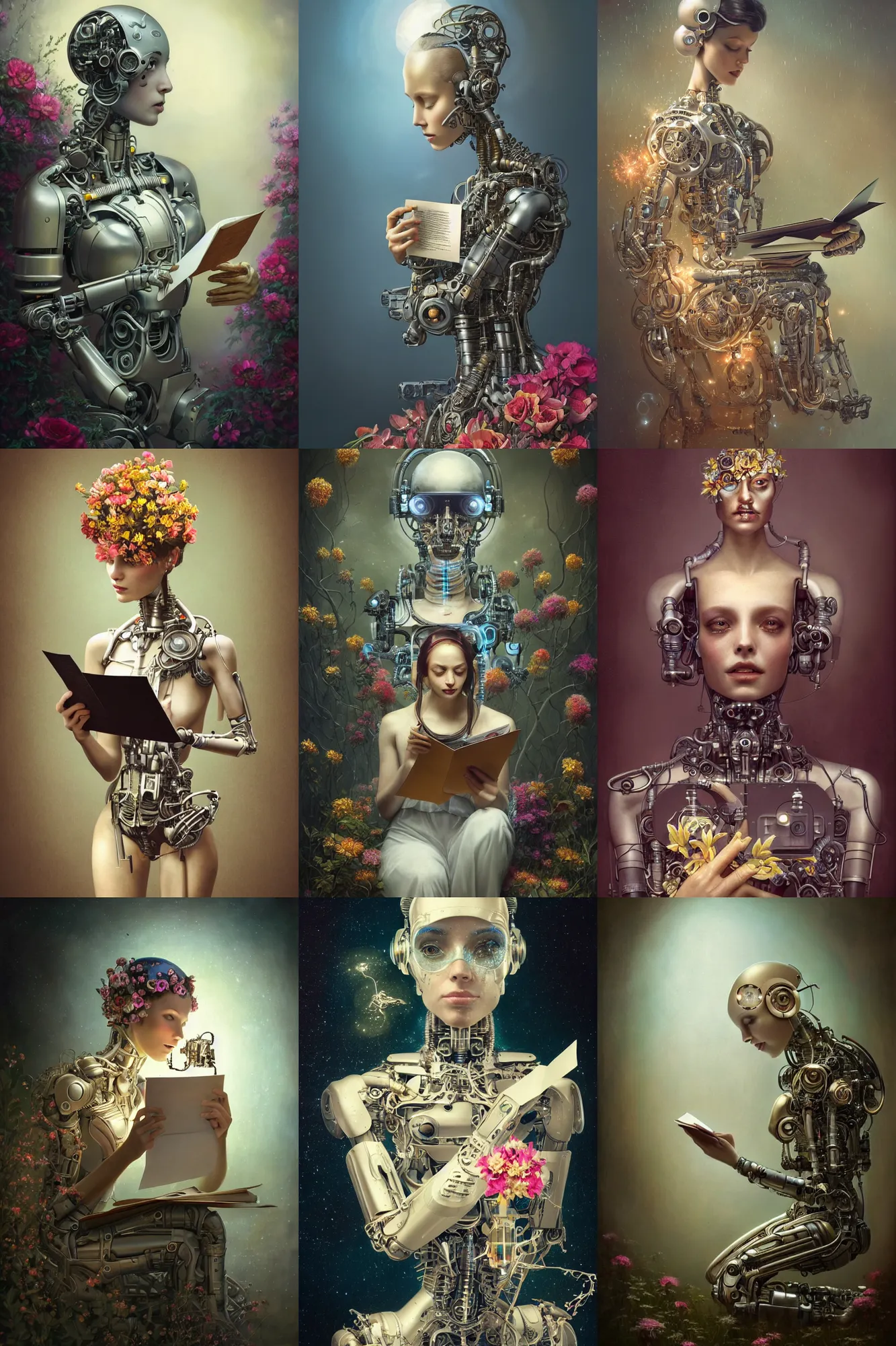 Image similar to a beautiful intricate fine art portrait photo of a happy futuristic cybernetic cyborg reading a letter, by tom bagshaw and anna dittman, perfection!, studio lighting, golden ratio composition, 5 0 mm lens, bionic robot overgrown with flowers, cybernetic scifi, deep depth of field, artstation, 8 k