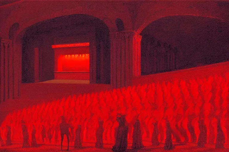 Image similar to only with red, a red melted emperor, taormina amphitheatre, crowd hails him, in the style of beksinski, parts by edward hopper, parts by rodcenko, parts by yue minjun, intricate and epic composition, red by caravaggio, insanely quality, highly detailed, masterpiece, red light, artstation, 4 k