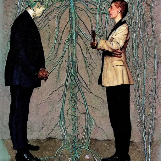 Image similar to two lovers wearing a suit made of nervous system, channeling third eye energy, surrounded by a background of dark cyber mystic garden of earthly delights, midnight hour, muted cold colors, painted part by wojciech siudmak, part by francisco goya, part by norman rockwell, part by hype wiliams, artstation