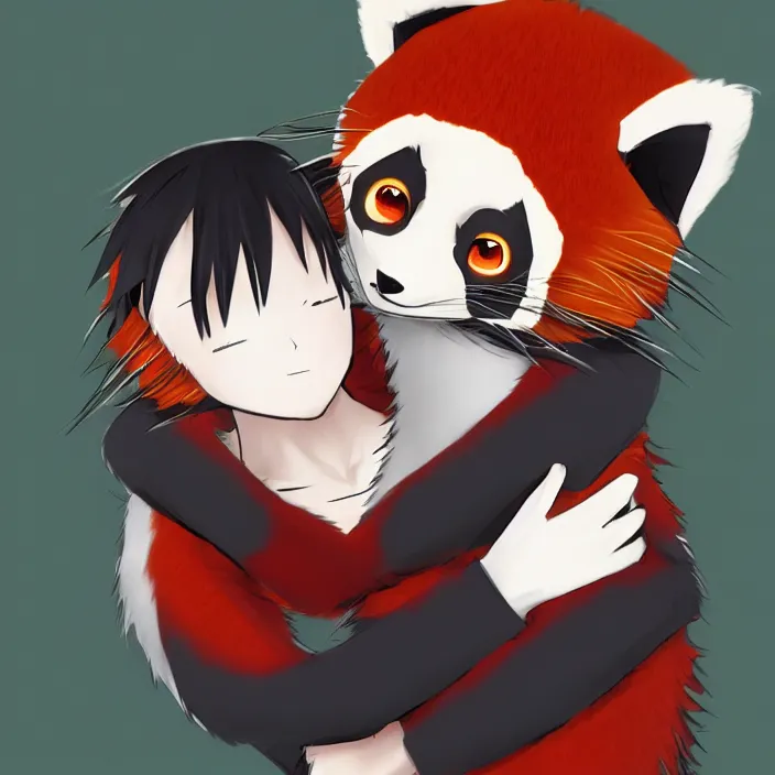 Prompt: anime guy hugging a red panda, trending on artstation