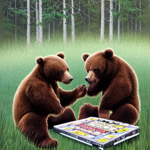 Image similar to brown bears playing a card's game, hyperrealism