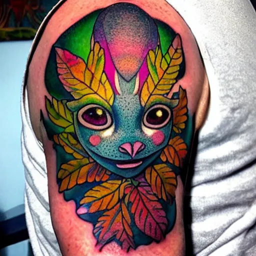 Image similar to shoulder tattoo of a multicolored psychedelic cute bush baby, eyes are colorful spirals, surrounded with colorful sparkeling flowers and irisdescent marihuana leaves, insanely integrate