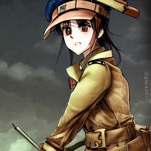 Image similar to manga style, smooth coloring, side portrait of a girl, trench and sandbags in background, realistic soldier clothing, realistic anatomy, miura kentaro