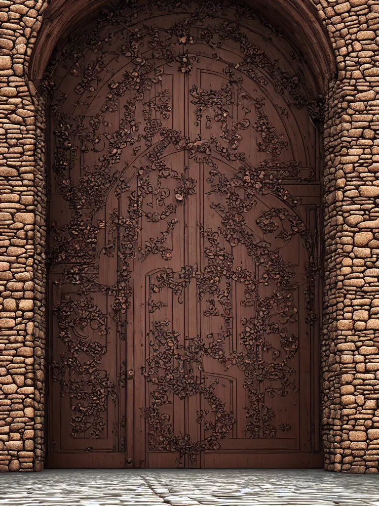 Prompt: HD digital art detailed old copper castle door entrance with flowers and a cobblestone large path outside by James Gurney and Asher brown durand, cgsociety, artstation