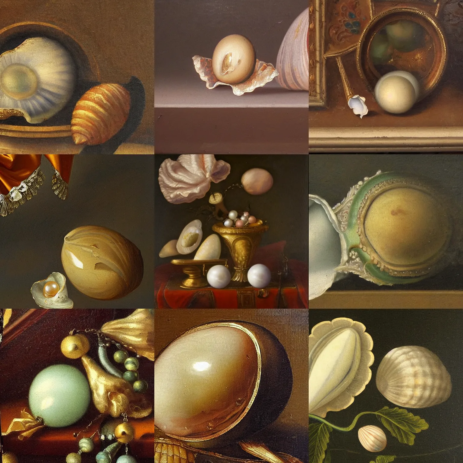 Prompt: insanely fine detail, still life classical academical oil paintintg, a fragment with a close - up shell and pearl. flemish baroque, dutch, netherlands.