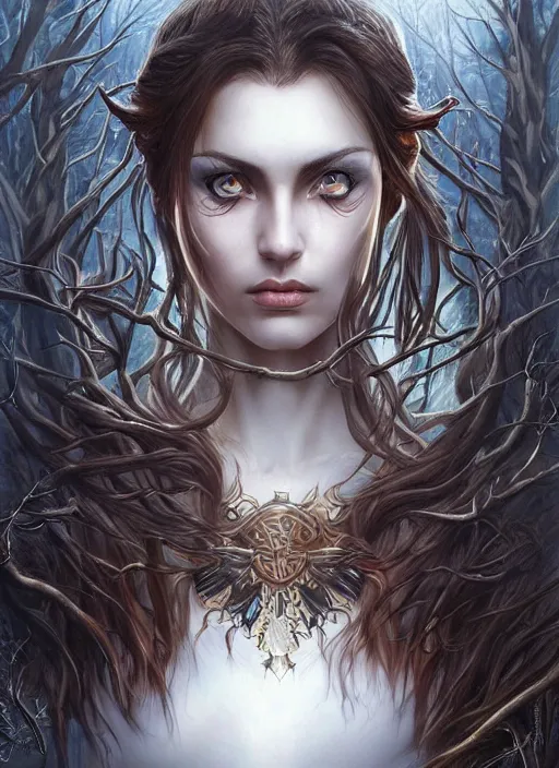 Image similar to a highly detailed symmetrical painting of a female fantasy ranger with piercing beautiful eyes in dark dead forest setting, trending on artstation, art by artgerm and karol bak and mark brooks