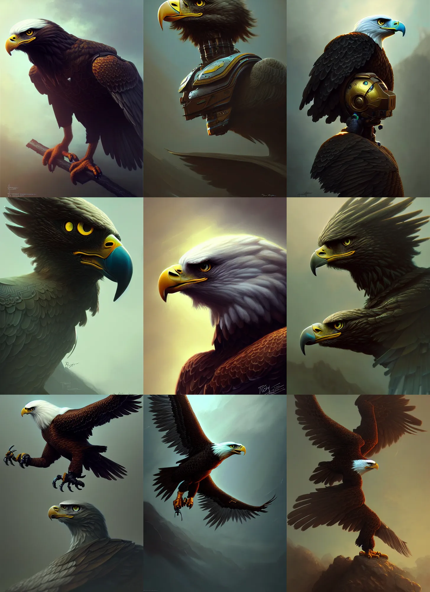 Prompt: an eagle themed robot, diffuse lighting, fantasy, highly detailed, photorealistic, digital painting, artstation, illustration, concept art, smooth, sharp focus, in the style of tom bagshaw