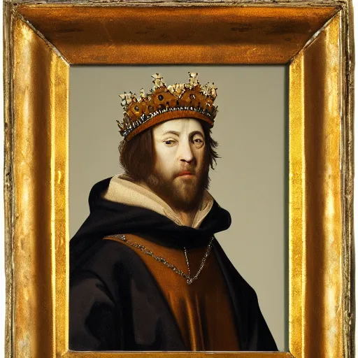 Image similar to renaissance style portrait of an alpine chamois wearing a crown and a cape, dark background