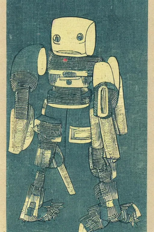 Image similar to Japanese woodblock print of a garden robot