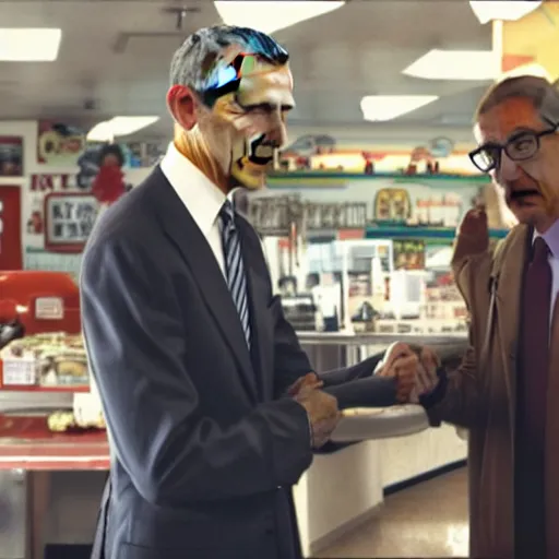 Image similar to blurry film still of obama meeting gus fring at los pollos hermanos, breaking bad scene, octane render, 4k, photorealistic, detailed