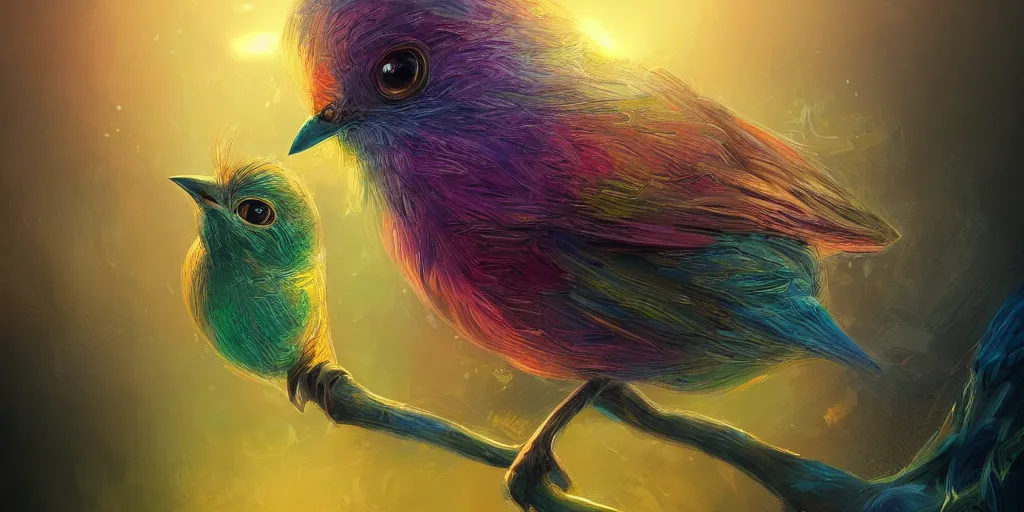 Image similar to baby bird, sunrise, pot of gold, rainbow, sci-fi, fantasy, intricate, very very beautiful, elegant, highly detailed, digital painting, artstation, concept art, smooth, sharp focus, illustration