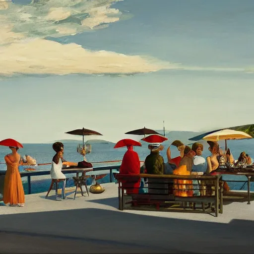 Image similar to Italian aperitivo at the seaside by Edward Hopper, 8k, octane render, detailed detailed digital art, ultra sharp