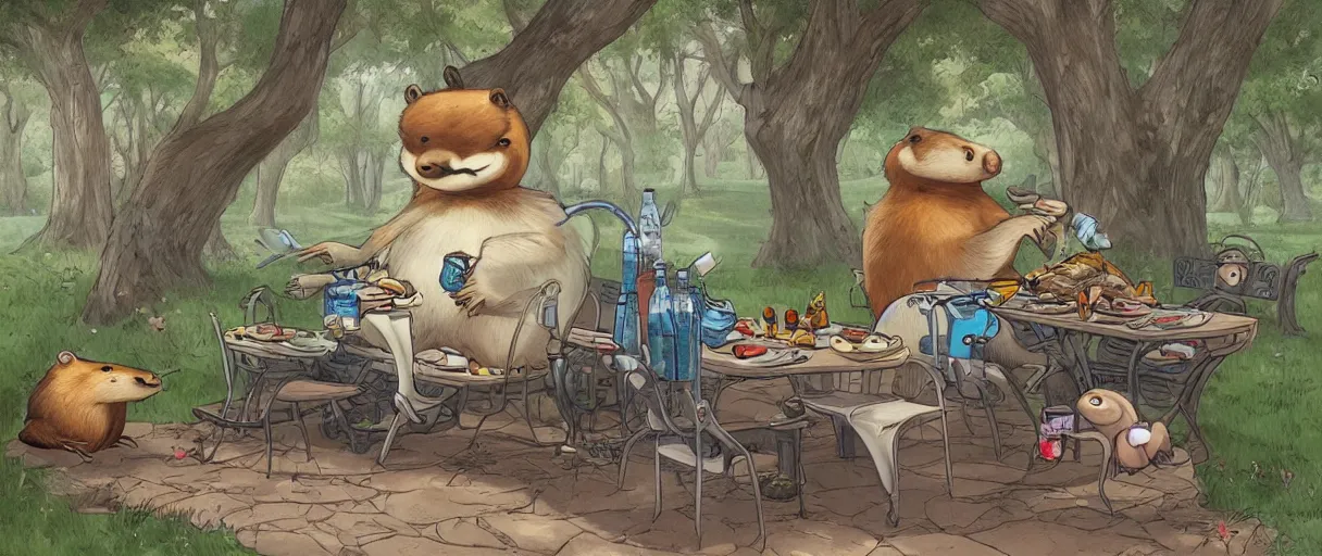 Prompt: a beautiful illustration of a strange anthropomorphic beaver robot hybrid having lunch in the park by James Jean | comic book:.7 | unreal engine:.3