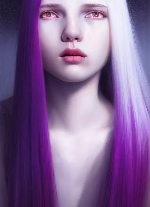 Image similar to hair whitebangs hair, black hair, whitebangs, portrait of teenage girl with white bangs, red irises, purple clothes, white bangs, bangs are different color from hair, intricate, elegant, glowing lights, highly detailed, digital painting, artstation, concept art, smooth, sharp focus, illustration, art by wlop, mars ravelo and greg rutkowski