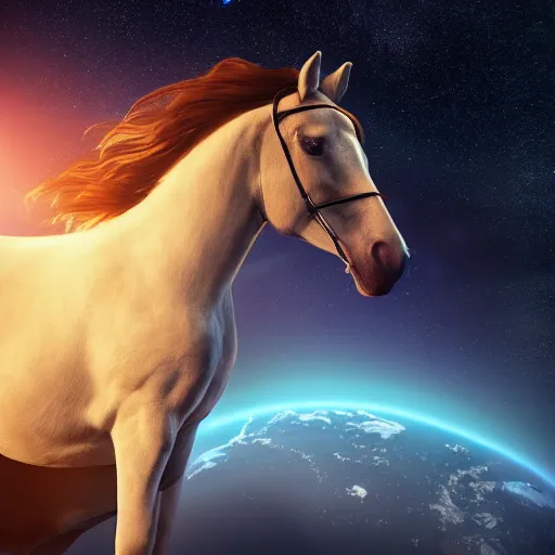 Image similar to horse wearing a space suit floating in outer space, highly detailed, stars in the background, nasa picture, 4 k, octane render, highly realistic photograph