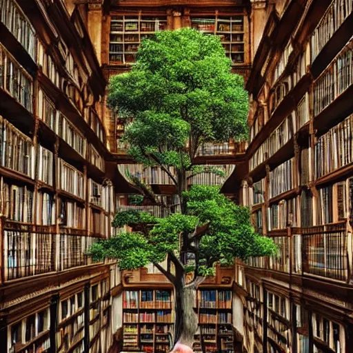Prompt: a beautiful giant tree growing in the middle of a great Victorian library. a child climbing the tree. soft lighting, 4K, fantasy art, ultra-realistic