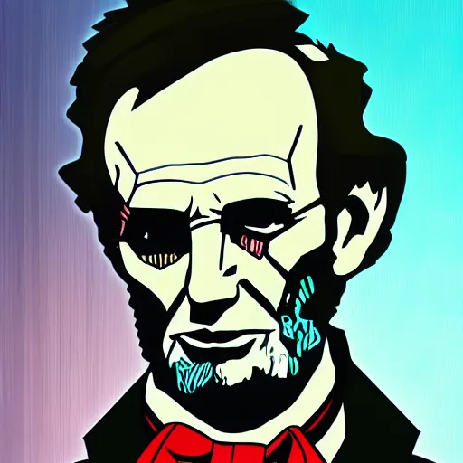 Prompt: cyberpunk abraham lincoln as the leader of a futuristic communist society, cybernetics, sharp lines, digital, artstation, colored in