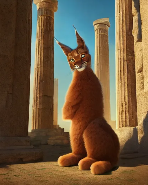 Image similar to fullbody photo of humanoid cute fluffy caracal dressed in toga, sun behind him, ancient greek city, sunny day, by ilya kuvshinov, rtx rendering, octane render 1 2 8 k, maya, extreme high intricate details by tom bagshaw, medium shot, composition by sana takeda, lighting by greg rutkowski