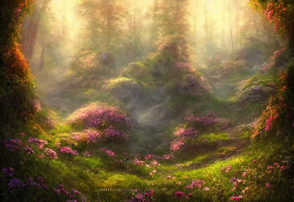 Image similar to a flowering meadow a forest behind it, epic fantasy, detailed, intricate, digital painting, concept art, realistic, smooth, focus, rim light