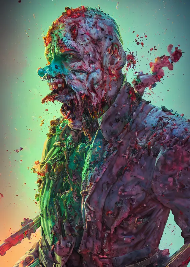 Prompt: a portrait of a lawful evil alignment personified as an absurdly gross, dead zombie policeman, colorful ooze on his face by artgerm, kim jung gi, irakli nadar,, bright colors, octopath traveler, final fantasy, unreal engine 5 highly rendered, global illumination, radiant light, detailed and intricate