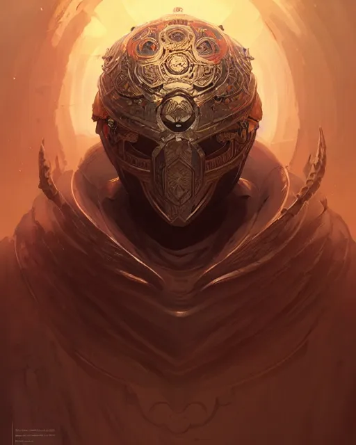 Prompt: professional ominous concept art portrait of a character with a mandala helmet by artgerm and greg rutkowski. an intricate, elegant, highly detailed digital painting, concept art, smooth, sharp focus, illustration, in the style of simon stalenhag, wayne barlowe, and igor kieryluk.