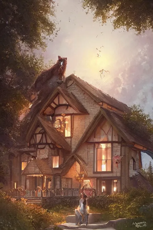 Image similar to happy cottagecore Ariana Grande with her happy family home, countryside villa, intricate, fancy, highly detailed, digital painting, artstation, concept art, smooth, sharp, focus, illustration, art by artgerm and greg rutkowski