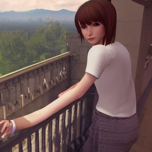 Image similar to A 3D render of Max Caulfield on the balcony of a castle