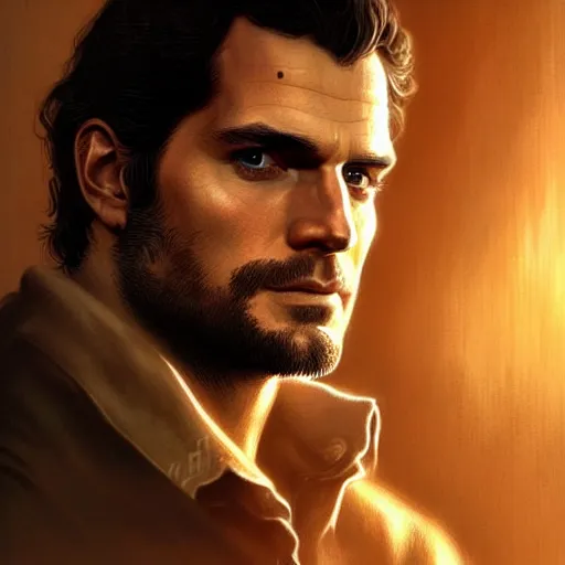 Image similar to Henry Cavill as Nathan Drake, western, D&D, fantasy, intricate, elegant, highly detailed, digital painting, artstation, concept art, matte, sharp focus, illustration, art by Artgerm and Greg Rutkowski and Alphonse Mucha