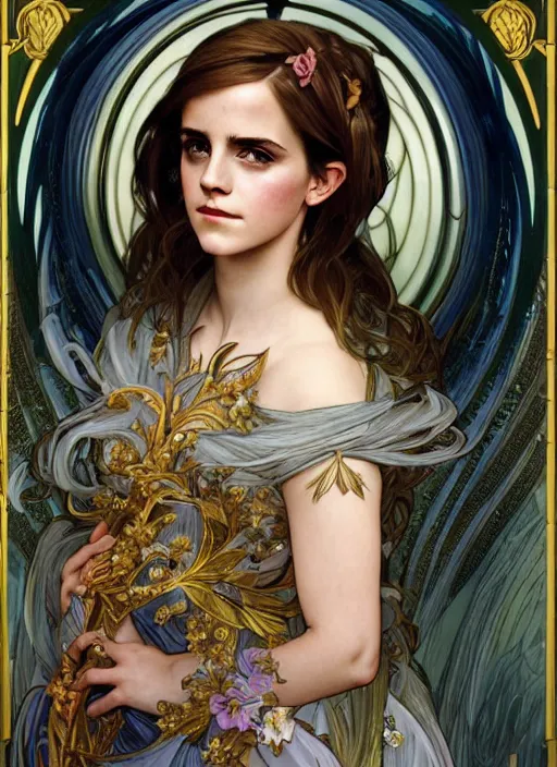 Image similar to Emma Watson as God of Beauty, cute, fantasy, intricate, elegant, highly detailed, digital painting, 4k, HDR, concept art, smooth, sharp focus, illustration, art by alphonse mucha,artgerm, H R Giger