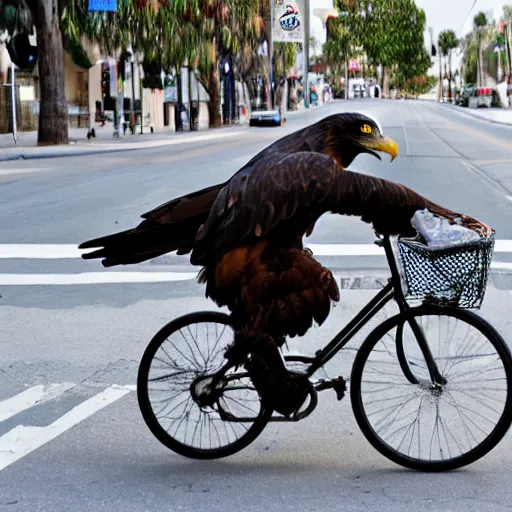 Image similar to an eagle riding a bicycle in the streets of la, smoking a cigar