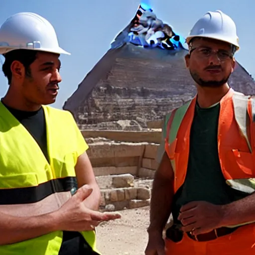 Image similar to a rare candid photograph of an egyptian engineer and a construction worker talking at the early construction of the khufu pyramid, dslr high resolution