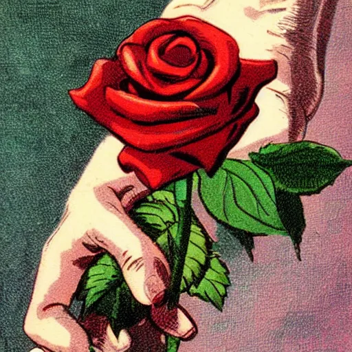 Prompt: a hand holding a rose, vintage comic book illustration,