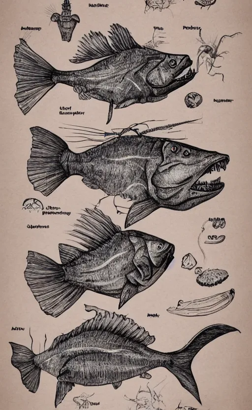 Image similar to a page of anglerfish anatomy illustration, highly detailed