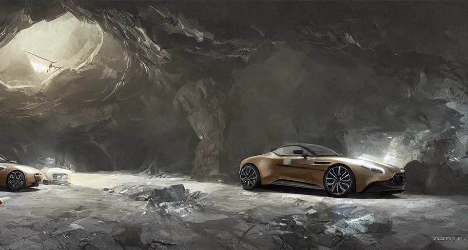 Prompt: Aston Martin in modern cave Next to the pool,digital art,ultra realistic,ultra detailed,art by greg rutkowski