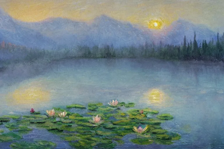 Image similar to impressionism painting of a pond of water lily on a foggy morning, sun low on horizon through snow capped mountains, soft light, misty