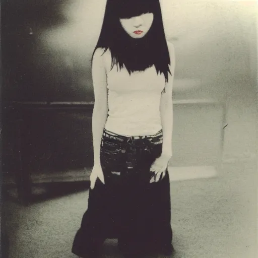 Prompt: aesthetic full - body polaroid photograph of emo japanese girl, long hair and fringe